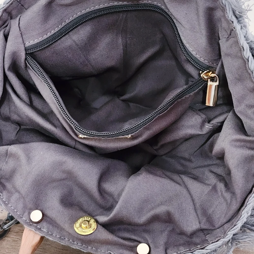 Monserat DeLucca Cable Knit Woven Slouch Hobo Purse Acrylic Crossbody Strap Grey - Picture 9 of 12